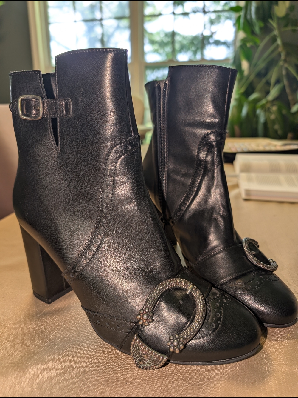 Italian Black Leather Ankle Booties with Decorative Buckle